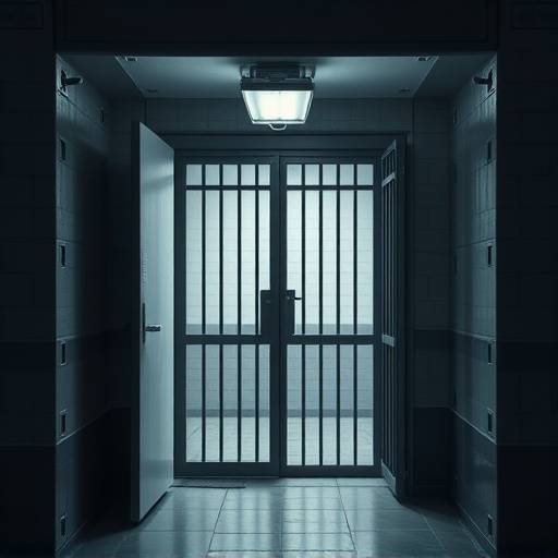 Celda de máxima seguridad con medidas reforzadas, como una puerta de acero y ventanas con barrotes, diseñada para la seguridad y supervisión constante.