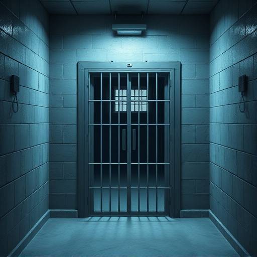 Celda de máxima seguridad con medidas reforzadas, como una puerta de acero y ventanas con barrotes, diseñada para la seguridad y supervisión constante.