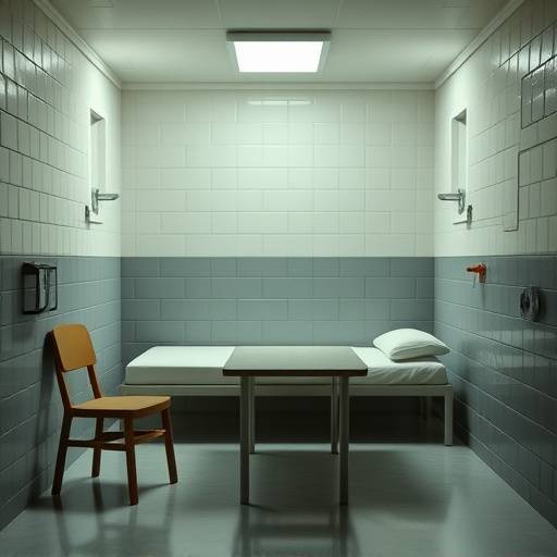 Celda est√°ndar con mobiliario b√°sico, incluyendo una cama, una mesa y una silla en un ambiente limpio y ordenado.