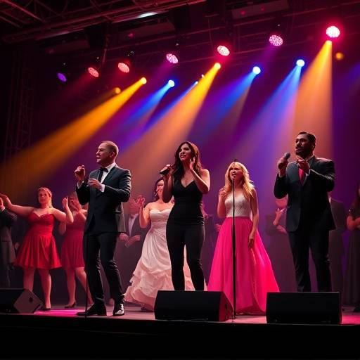 Photo d'acteurs chantant et dansant sur scène lors d'une comédie musicale