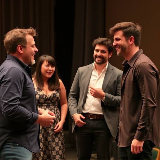 Photo d'acteurs en train d'improviser sur scène, riant et interagissant