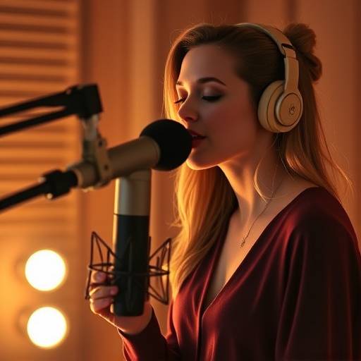 Photo d'une actrice travaillant sa voix au microphone dans un studio d'enregistrement